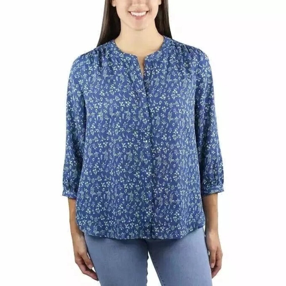 Jachs Girlfriend Women's L Blue Floral 3/4 Sleeve Blouse Polyester N0966